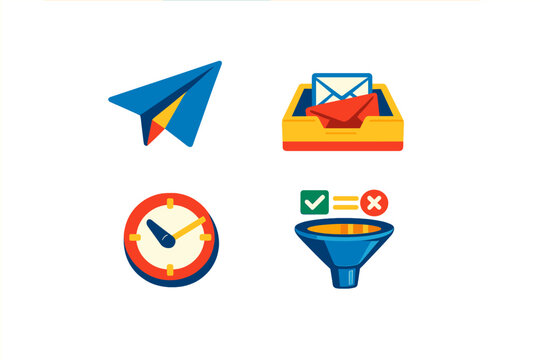 A set of four colorful icons including a paper plane, an inbox with envelopes, a clock, and a funnel with check and cross marks, all set against a solid black background.