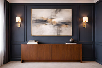 Sophisticated office with abstract landscape painting and wall sconces