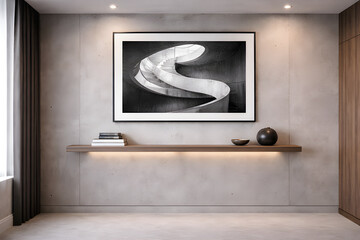 Modern office with framed spiral staircase artwork