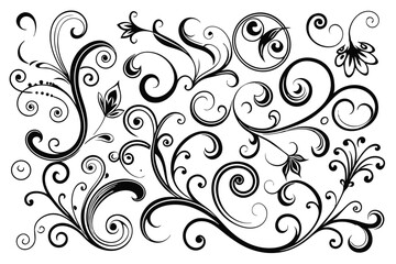 set of elegant swirls decorative flourishes silhouette line art vector illustration with a white background