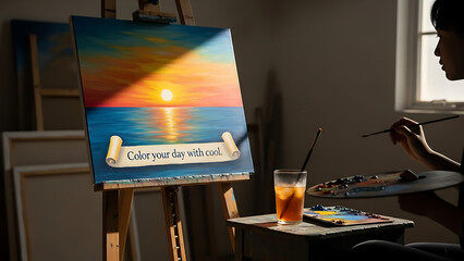Artist painting a vibrant sunset seascape on an easel in a sunlit studio, inspiring creativity