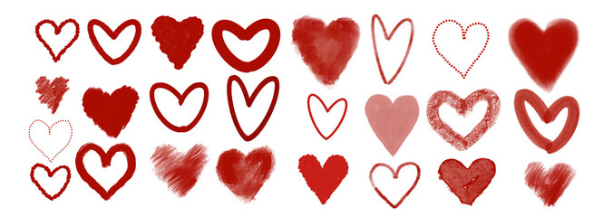 Set of red hearts isolated on transparent background.