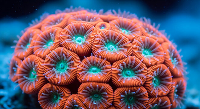 Close-up of orange coral with green center, displaying intricate pattern and texture, suggestive of underwater ecosystem, organic structure and marine life