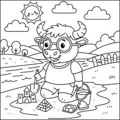 Fototapeta premium Bold and Easy Buffalo Coloring Page - Cozy Moment Wildlife Vector. Buffalo animal line art vector coloring page for kids and adults 