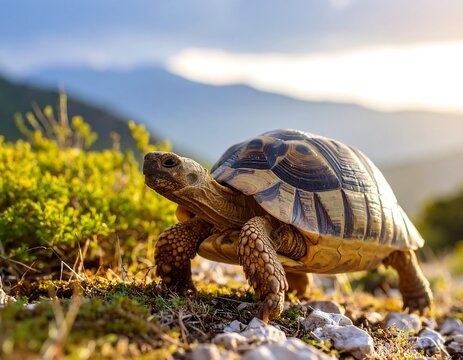 A tortoise ambles forward, shell visible. Landscape background with sunlit mountains, rocky ground, and shrubbery at dusk
