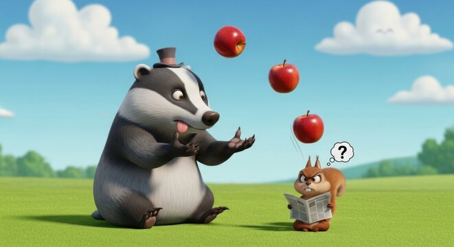 Cartoon badger juggles apples while squirrel reads newspaper outdoors