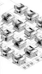  Networked Printers Grid, Isometric Office Technology Pattern, Digital Printing System Connection, Automated Business Infrastructure

