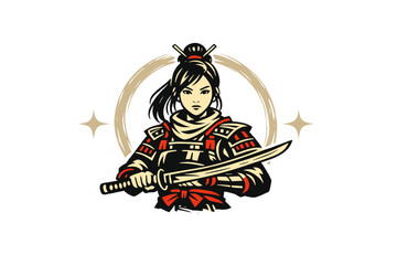 Fototapeta premium A stylized illustration of a female samurai warrior in traditional red and black armor holding a katana sword against a circular brushstroke background on a black backdrop.
