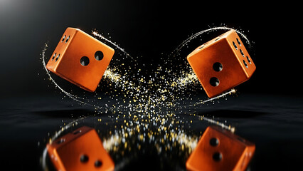 Two orange dice tumbling through golden sparkles on a reflective surface, symbolizing luck and gambling