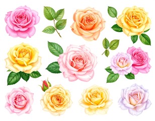 Naklejka premium Watercolor roses in various hues, arranged individually and in pairs, with accompanying green leaves and a bud