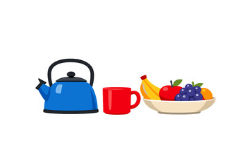 Bright kettle and red cup next to a fruit bowl with bananas, apples, and grapes on a plain background
