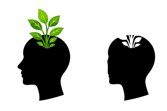 Plant growth in human mind shows connection between nature and mental health in simple illustration