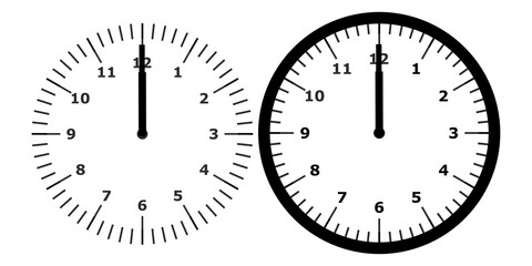 Analog clock face showing exactly 12 o'clock, presented in both outline and bold styles, vector art