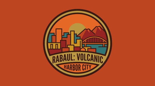 Rabaul Volcanic Harbor City illustration depicting a scenic view of the city skyline, mountains, and sunset over the water, with a retro, circular badge design