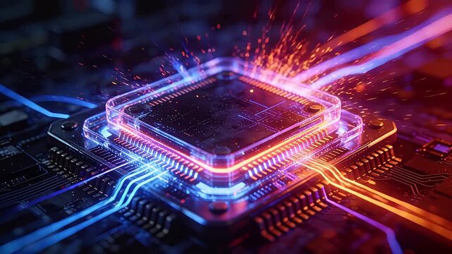 Microchip with transparent frame and colorful lighting effects