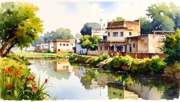 Watercolor scene of weathered buildings alongside a placid canal beneath a sunny sky with greenery all around