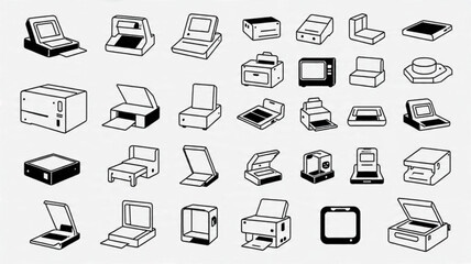 Office Tech Line Art Icons, Hand Drawn Computer and Printer Set, Minimalist Office Equipment Vectors, Black and White Tech Gadget Doodles
