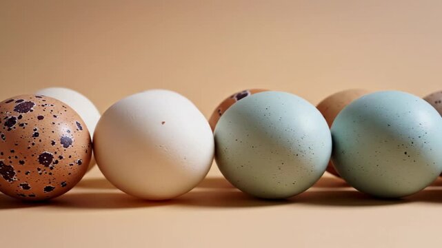 A diverse collection of fresh eggs including brown spotted white and soft blue green shells