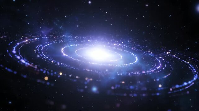 Cosmic explosion visualization, abstract energy burst with luminous particles expanding outward in space.
