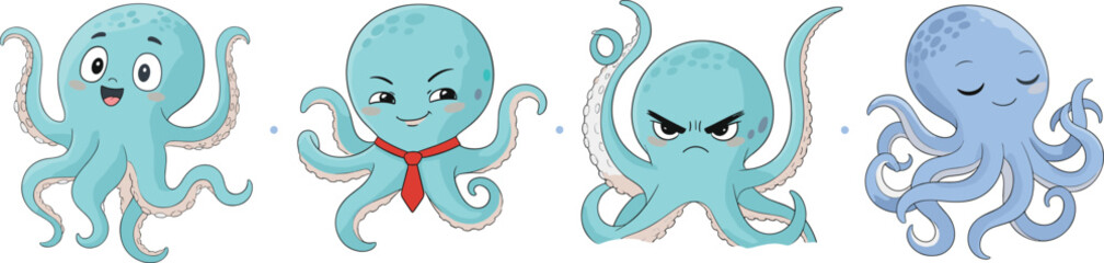Cute cartoon octopus characters set with different emotions colorful sea animal mascot vector illustration collection © Sumon Creative