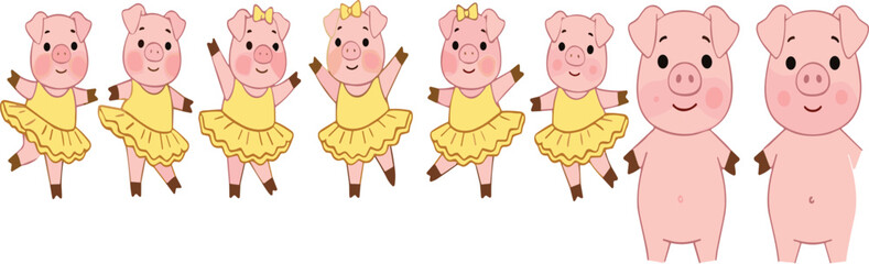 Cute cartoon pig ballerina characters collection with dancing piglets in yellow dresses kids vector illustration set © Sumon Creative