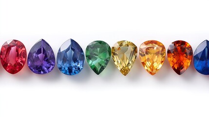 Fototapeta premium Round-cut deep orange morganite, opal, peridot, ruby, sunstone, sapphire, arranged in order on a white gradient background