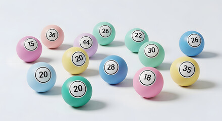 Assorted colored bingo balls with numbers displayed on a white background