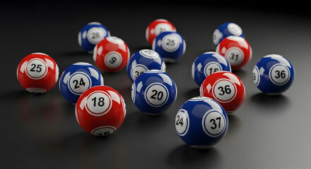 A collection of colorful bingo balls scattered on a dark surface.