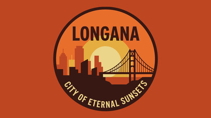 Obraz premium LONGANA CITY OF ETERNAL SUNSETS A Vibrant Emblem Showcasing a Cityscape Featuring a Golden Gate-Inspired Bridge and a Radiant Sunset, Symbolizing an Idyllic Urban Lifestyle and Scenic Beauty