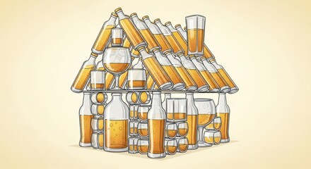 Cartoon illustration of a house built entirely of various glass bottles and drinking vessels