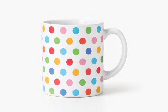 Ceramic coffee mug with multicolored polka dot pattern on white surface isolated with handle