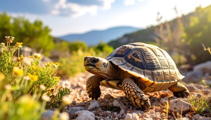 Obraz premium A tortoise confidently traverses a rocky path in bright sunlight. The landscape features green foliage, small yellow flowers, and distant blue mountains