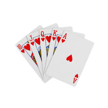 photorealistic flat lay of a flawless royal flush poker hand of hearts, fanned in an arc on a transparent studio background, ultra-detailed commercial victory concept