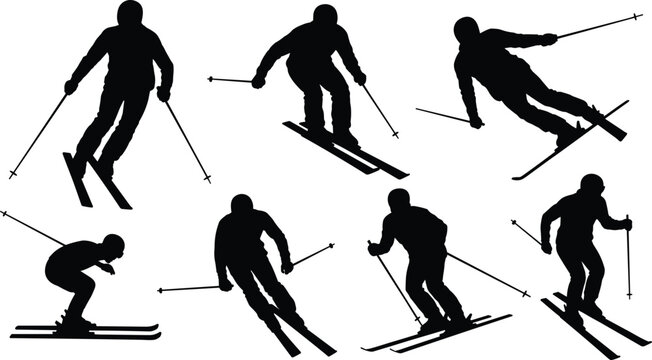 Set of skiing athlete silhouettes in dynamic downhill and freestyle poses isolated on white background for winter sports design