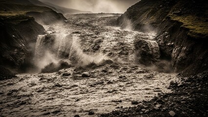 Powerful cascade of murky water, cascading from high cliffs, landscape in subdued tones