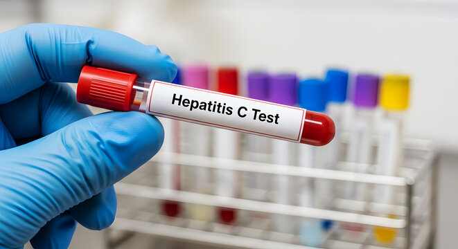 Blue gloved hand holds Hepatitis C Test blood sample tube in rack holding