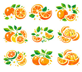 Cute Orange Citrus Cartoon Icon Set with Slices, Peel and Leaves