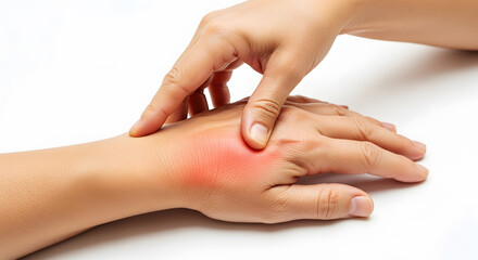 Fototapeta premium Close up of hand touching inflamed wrist with red mark indicating pain injury inflammation