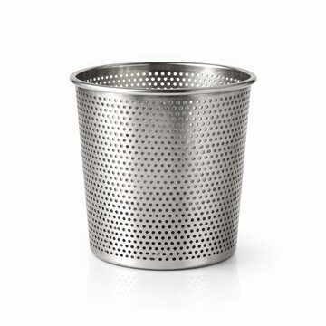 Metal trash can perforated with many small holes on white background studio shot