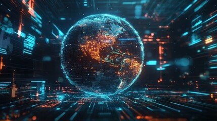 Futuristic holographic earth floating above neon data grid glowing markets streams symbolize global finance AI analytics cyber economy depth lighting ultra detailed cinematic stock style