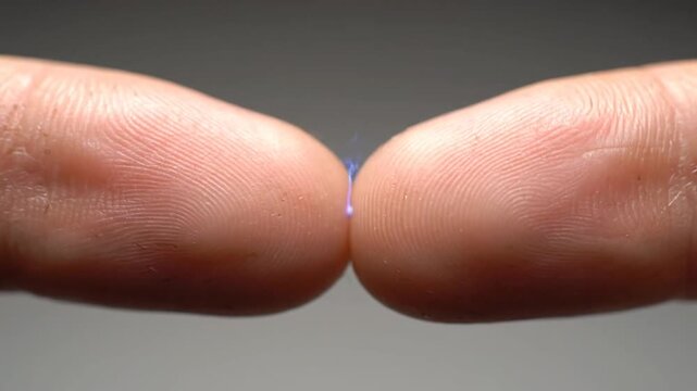 Static Electricity Discharge Between Two Fingers, Close-Up View of Electric Spark.
