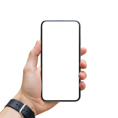 A hand holding a smartphone with a blank white screen against a plain white background. isolated on transparent background