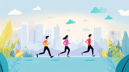 Three people jogging in a city park