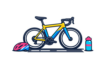 Fototapeta premium This flat vector illustration features a yellow and blue road bike, a pink cycling helmet, and a blue water bottle on a dark background, representing a complete cycling kit.