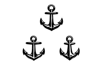 Three minimalist white anchor icons are arranged in a triangular formation against a solid black background. The simple line art design creates a clean and modern nautical aesthetic. © Andrei