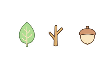 Three stylized nature icons including a green leaf, a brown twig, and an acorn are displayed horizontally against a solid black background in a minimalist cartoon illustration style. © Andrei