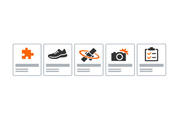 Five white cards with minimalist icons are displayed against a black background. The icons include a puzzle piece, a sneaker, a satellite, a camera, and a checklist with orange accents.