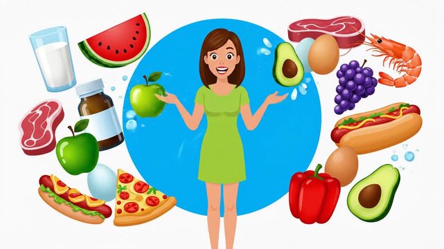 Cartoon woman choosing between healthy and unhealthy food options