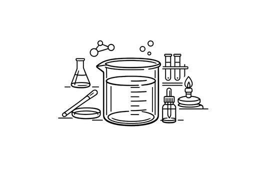 A minimalist line art illustration featuring various laboratory equipment like a large beaker, test tubes, an Erlenmeyer flask, and a Bunsen burner on a dark background.
