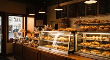 Warm bakery display cases filled with pastries and breads